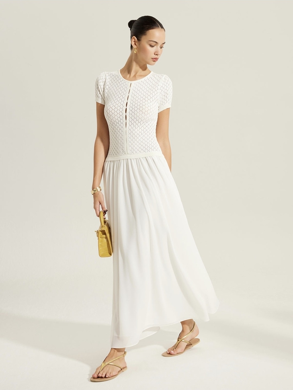 Commense White Knit Bodice Short-Sleeve Maxi Dress